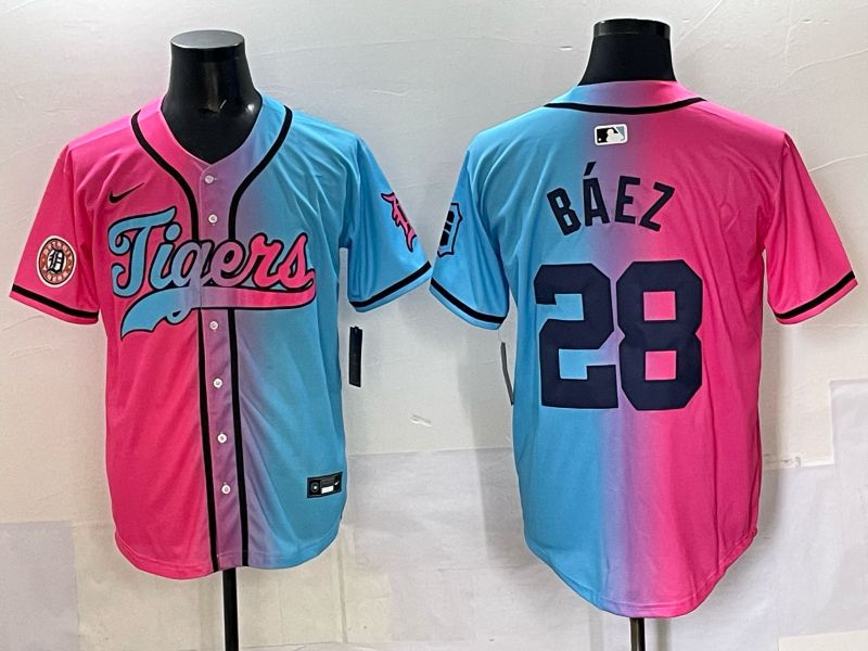 Men 2025 Detroit Tigers #28 Baez Blue pink Game Nike MLB Jersey style 02